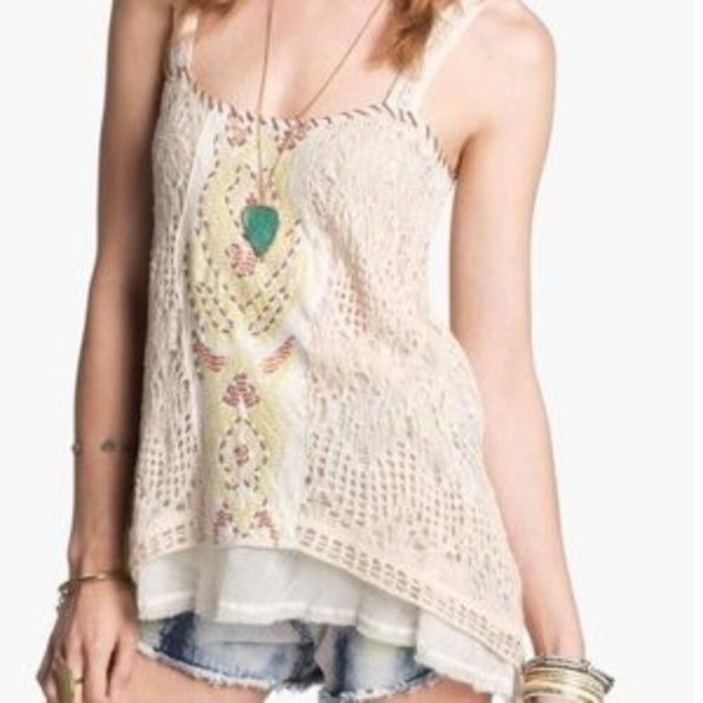 Free People Maya Sequined Embellish Crochet Macrame Open Knit Tank Top Size
